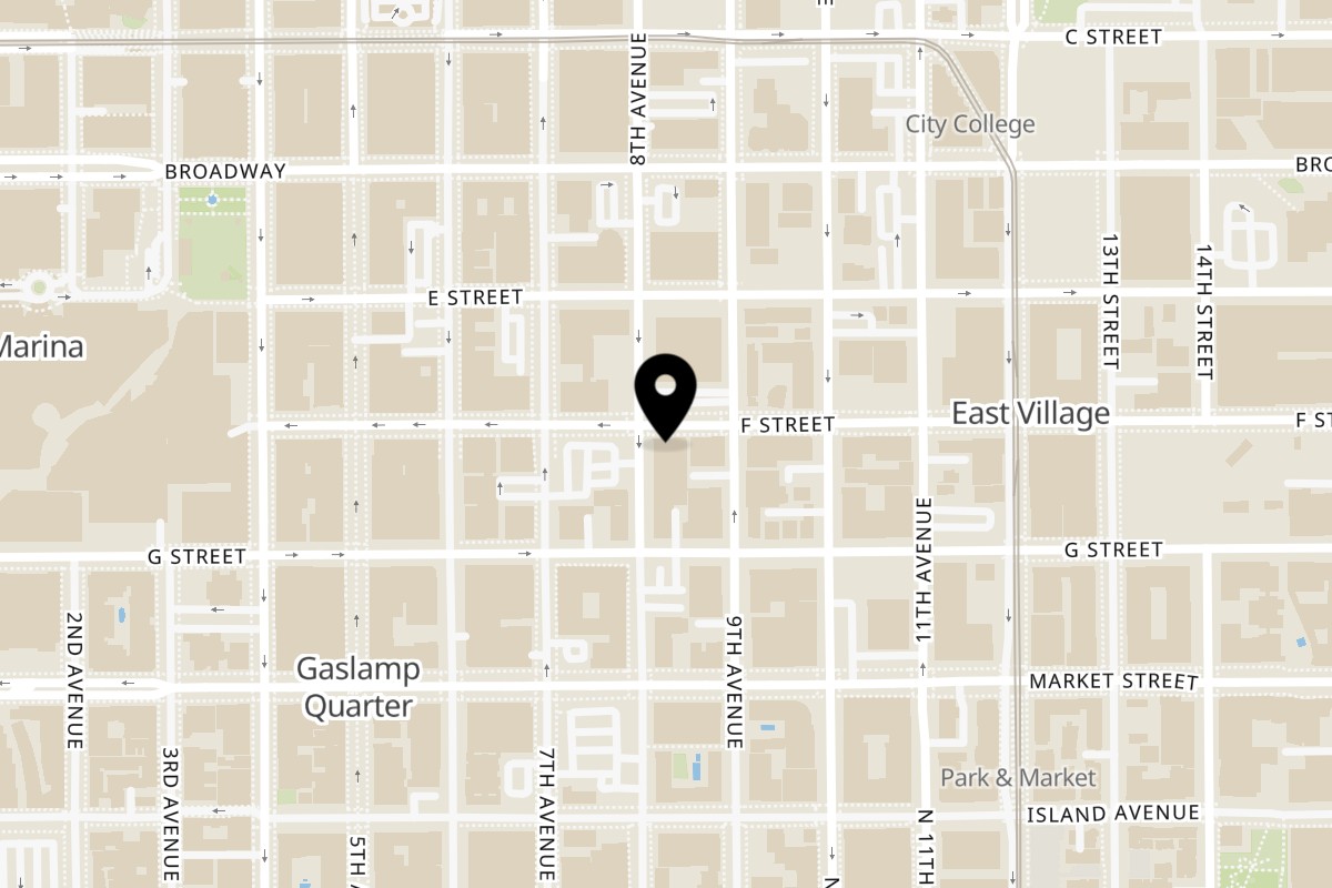 Map showing the location of Falafel California on 807 F St in San Diego